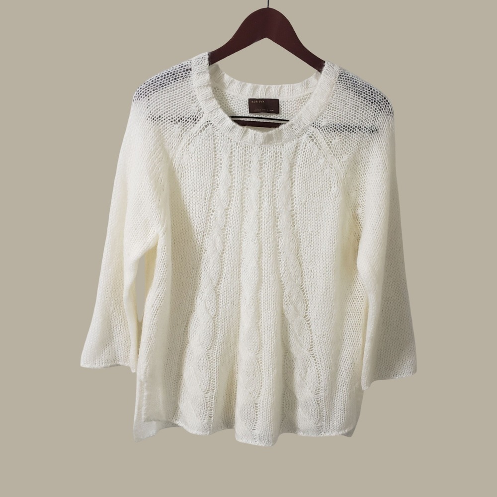 Kerisma Womens Mohair Wool Blend Cable Pointelle Knit Sweater Cream Size S/M